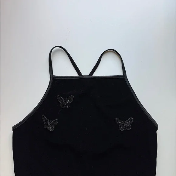 City Triangles Y2K 90s Black Velvet Maxi Dress Butterfly Beaded Side Slit - Picture 5 of 12